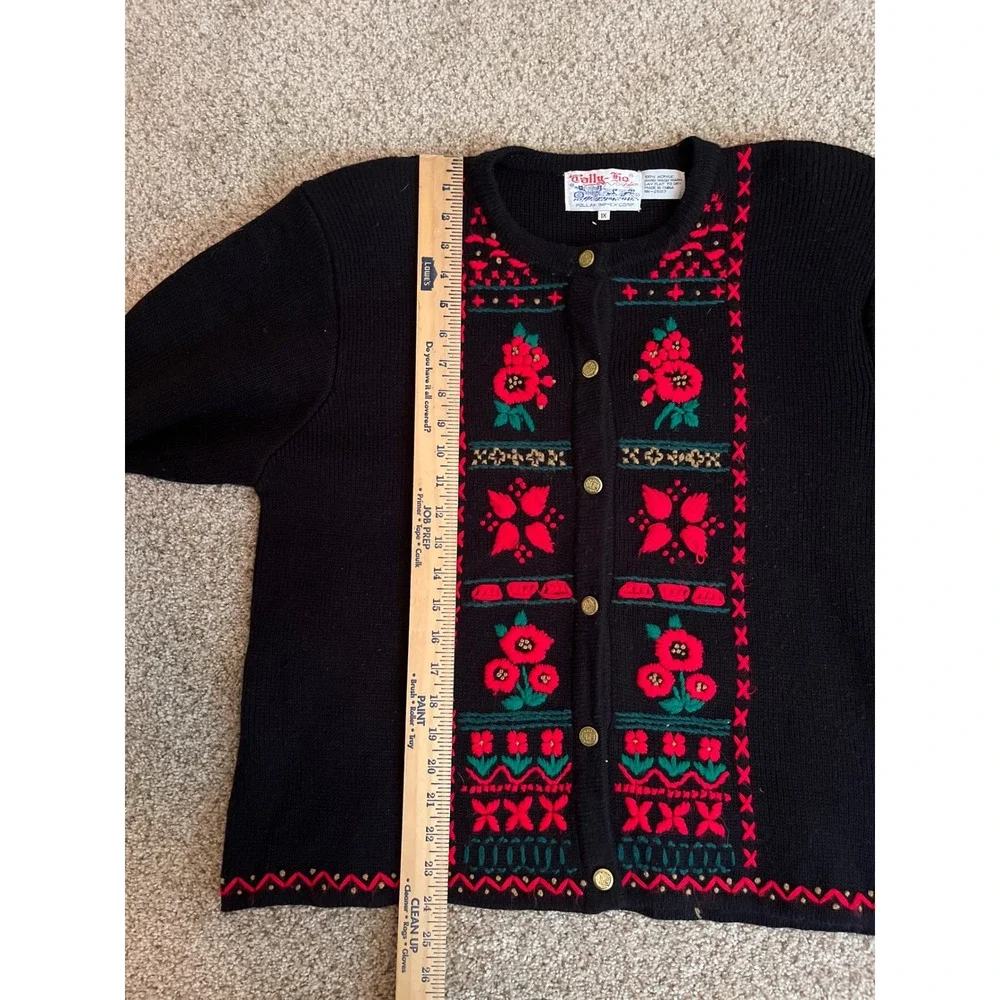 Tally-Ho Women Cardigan Sweater XL Black Embroidered Floral Button Front Vintage